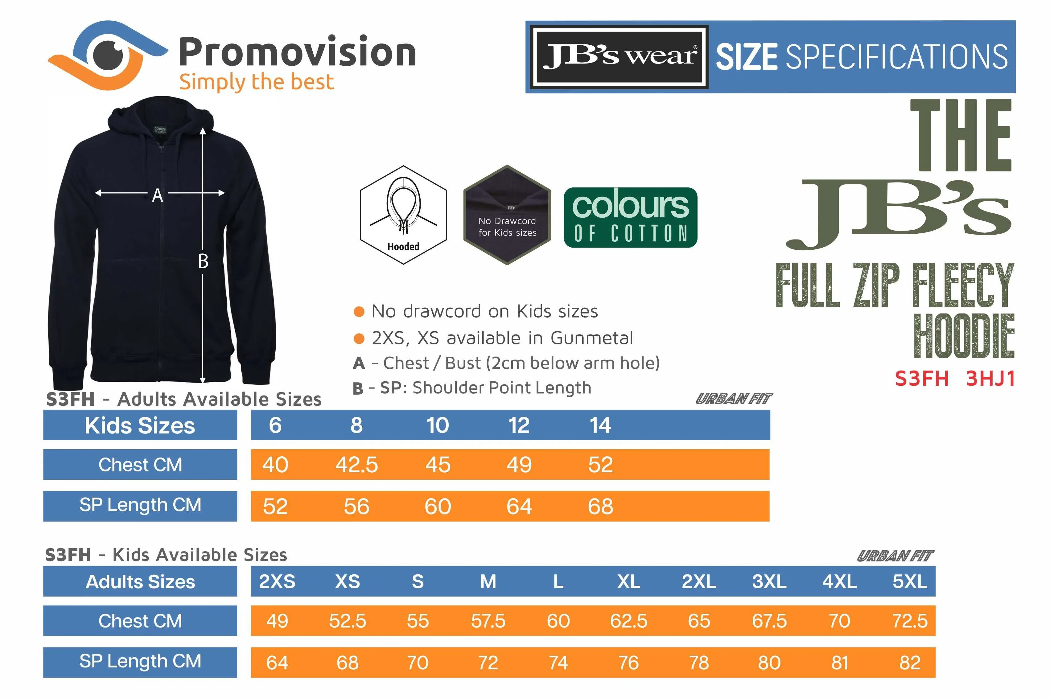 Sizing guide for C of C Kids & Adults Full Zip Fleecy Hoodie S3FH