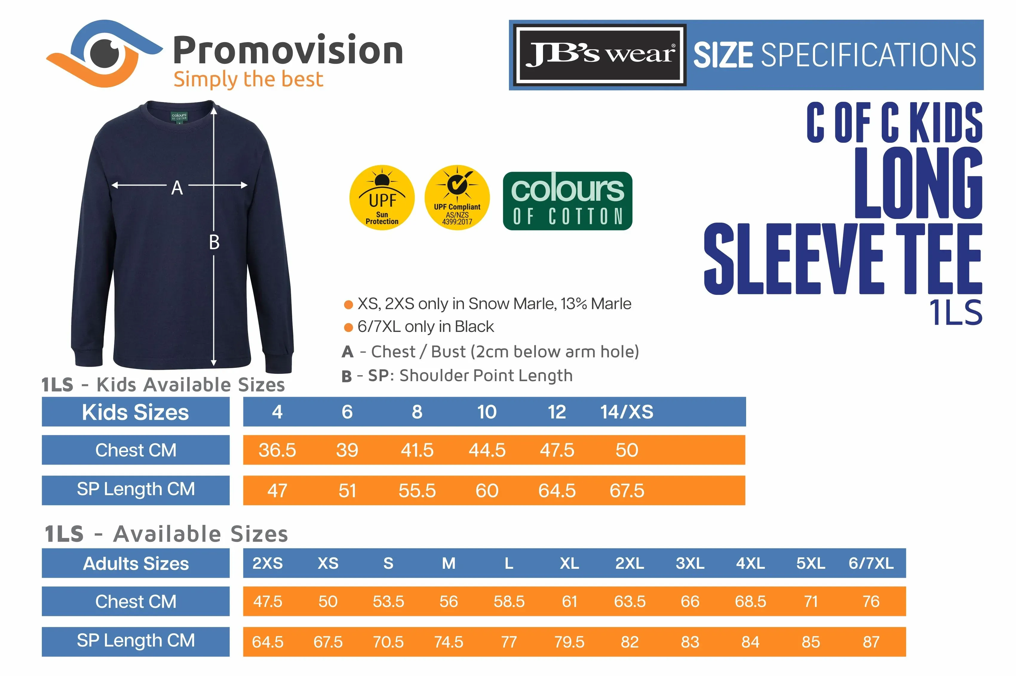 Sizing guide for C of C Kids & Adults Long Sleeve Tee 1LS