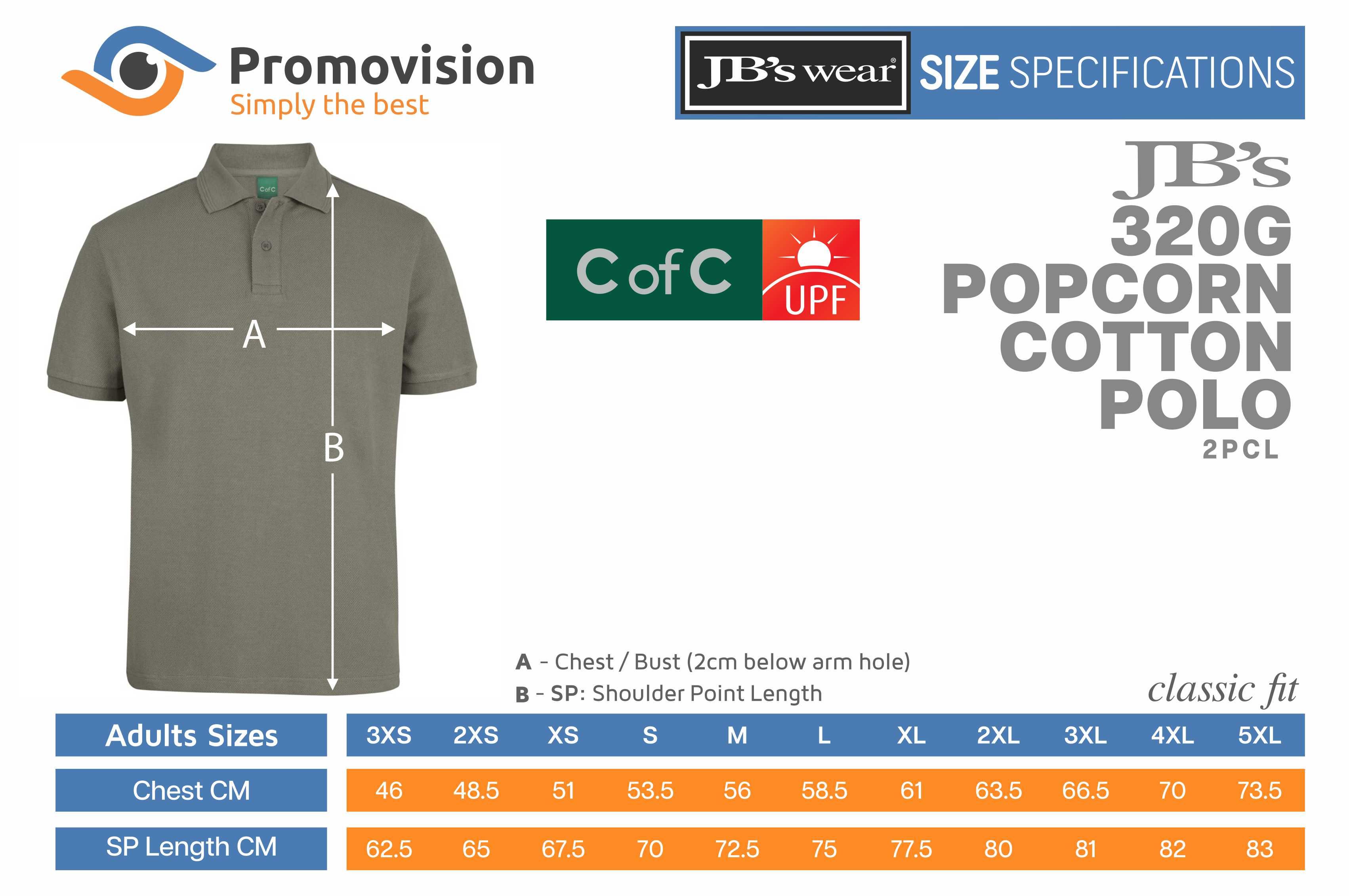 Sizing guide for C of C 320g Popcorn Cotton Polo