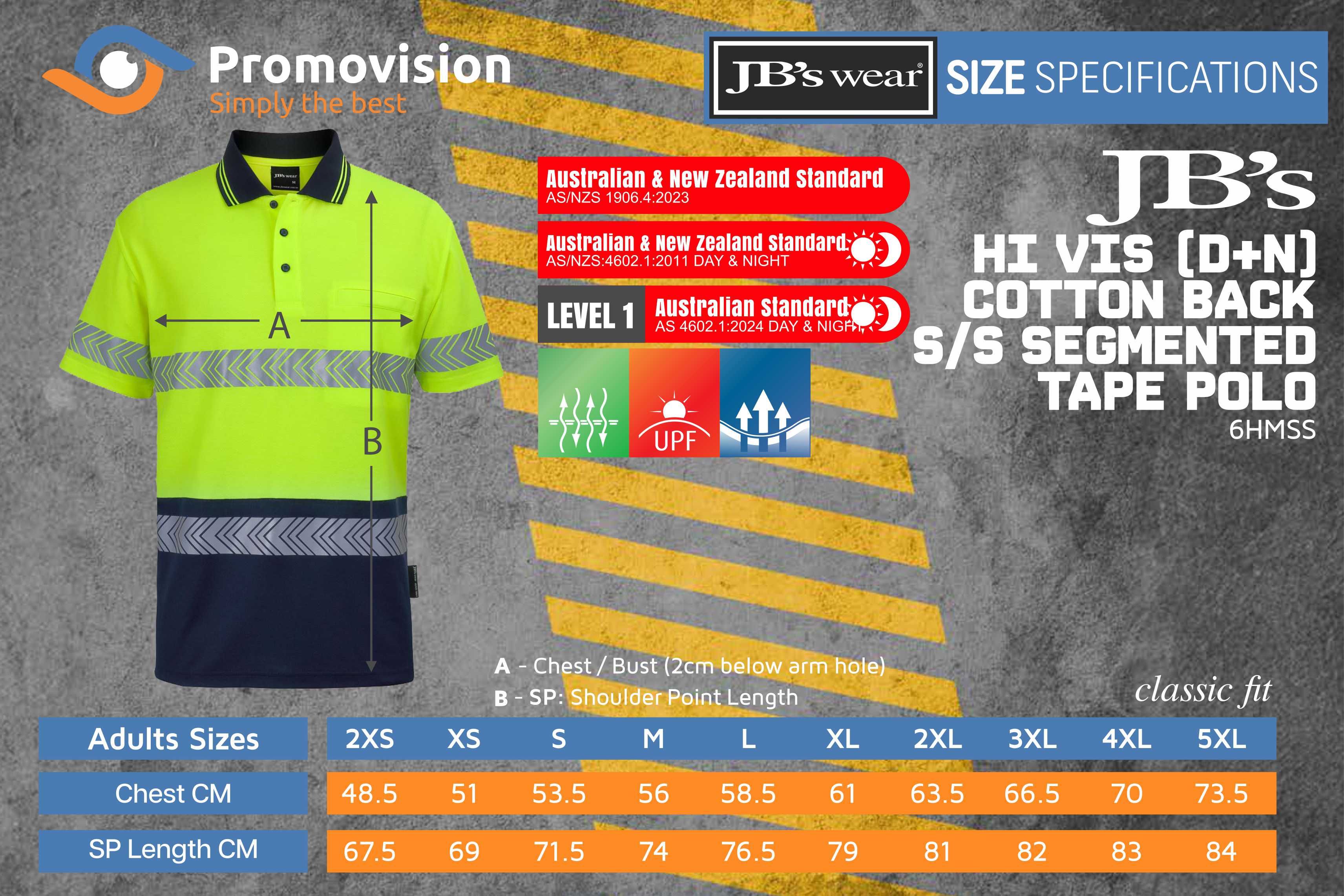 Sizing guide for JB's Hi Vis (D+N) Cotton Back Segmented Tape Polo