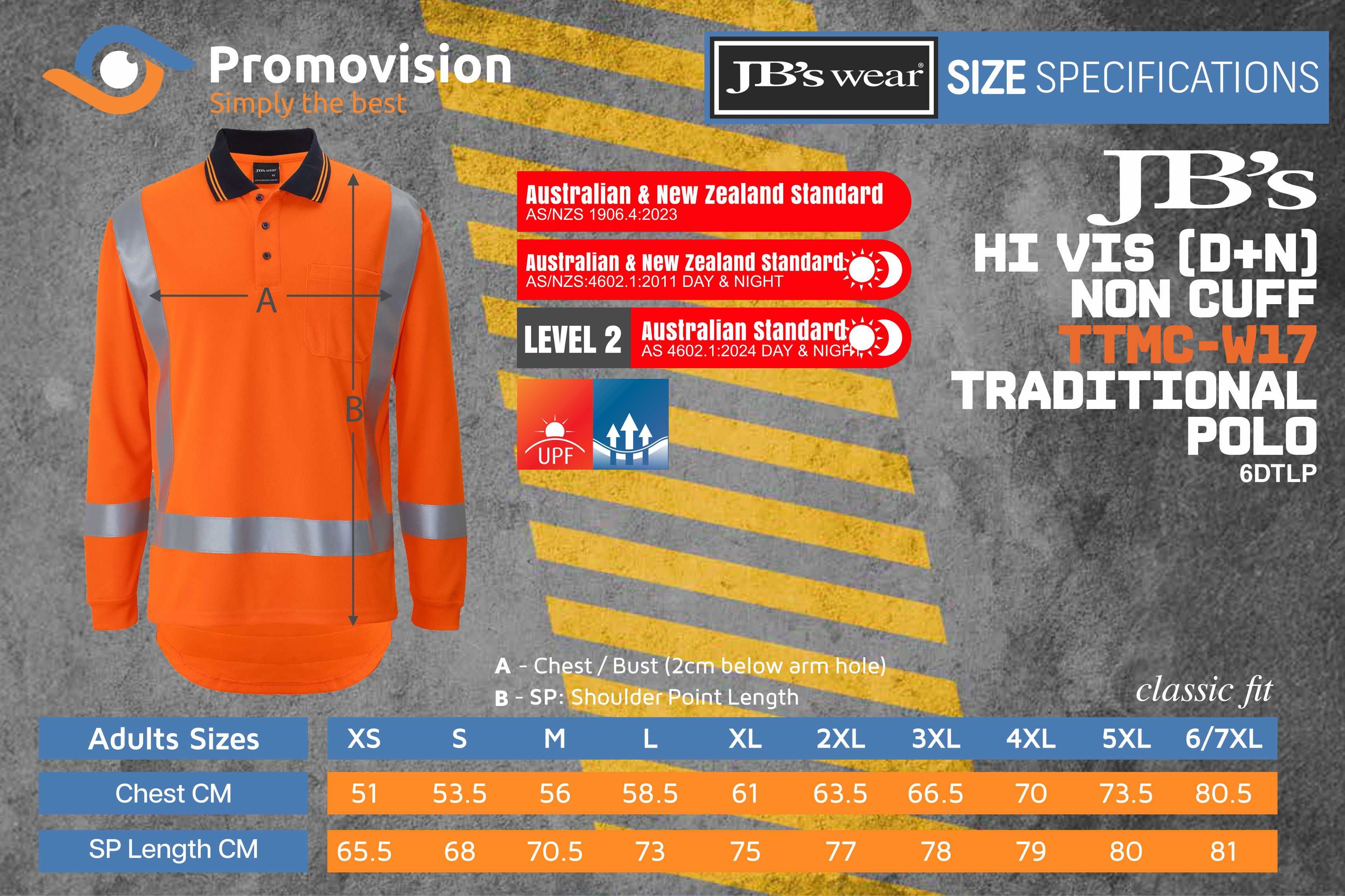 Sizing guide for JB's Hi Vis (D+N) LS Non Cuff TTMC-W17 Traditional Polo