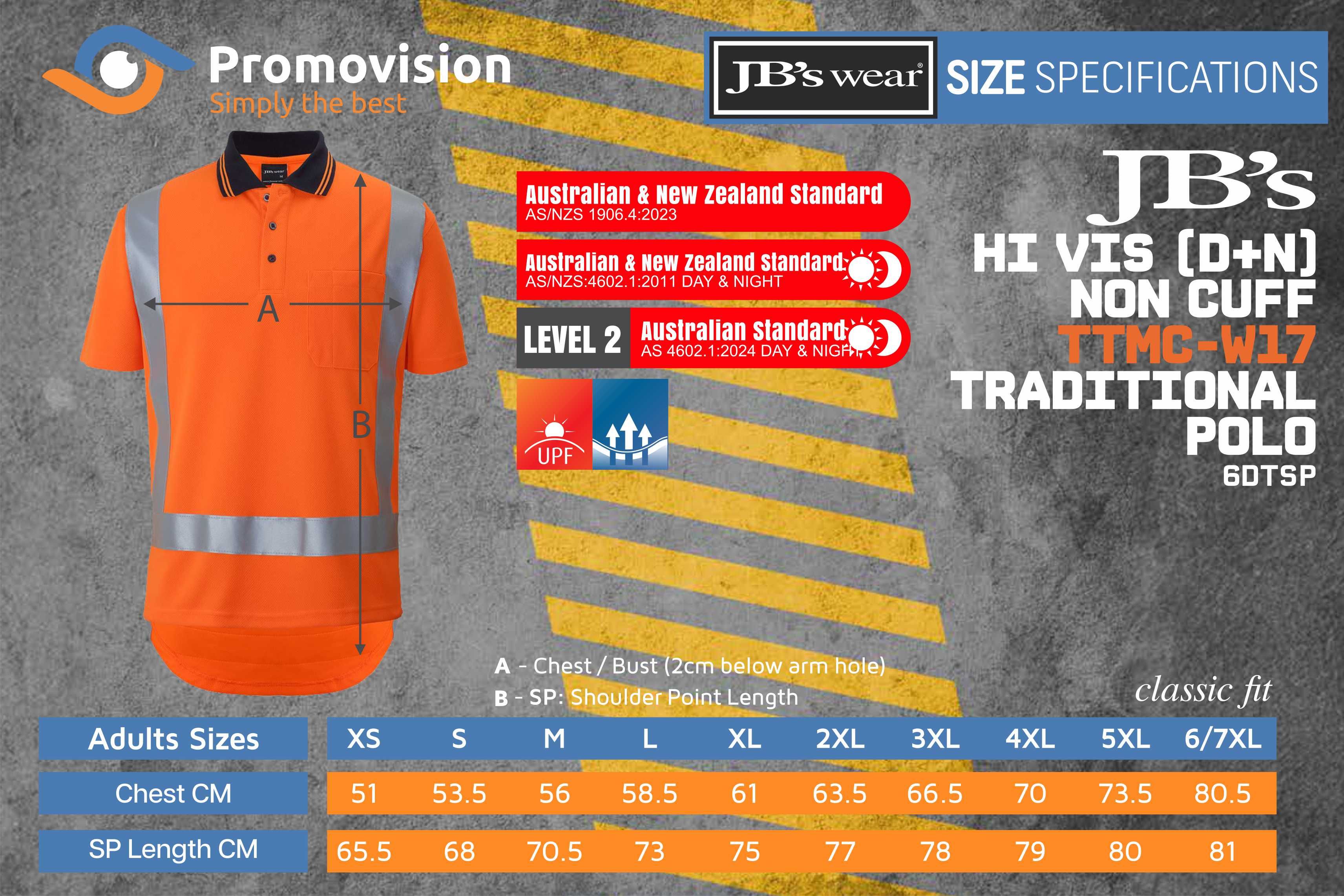 Sizing guide for JB's Hi Vis (D+N) SS Non Cuff TTMC-W17 Traditional Polo