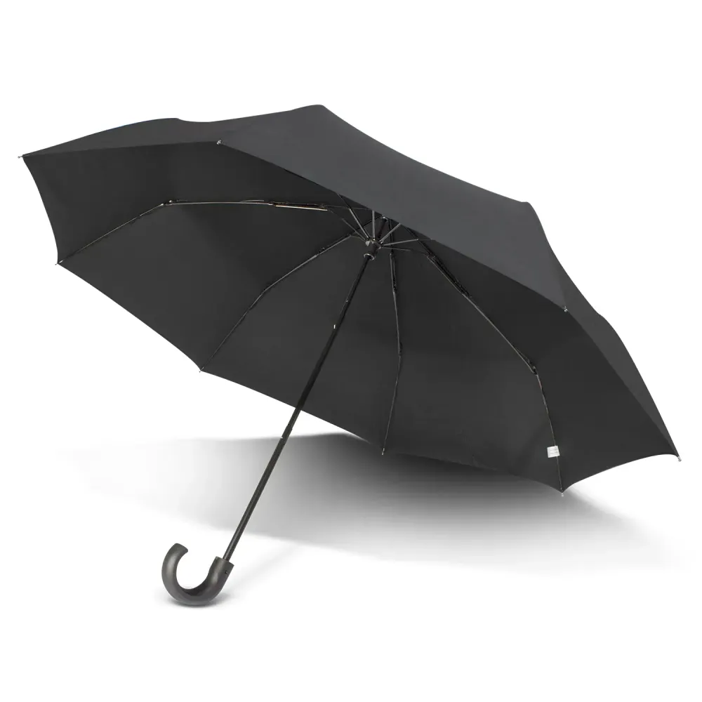 Colt umbrella in black with curved hook handle, open underside view