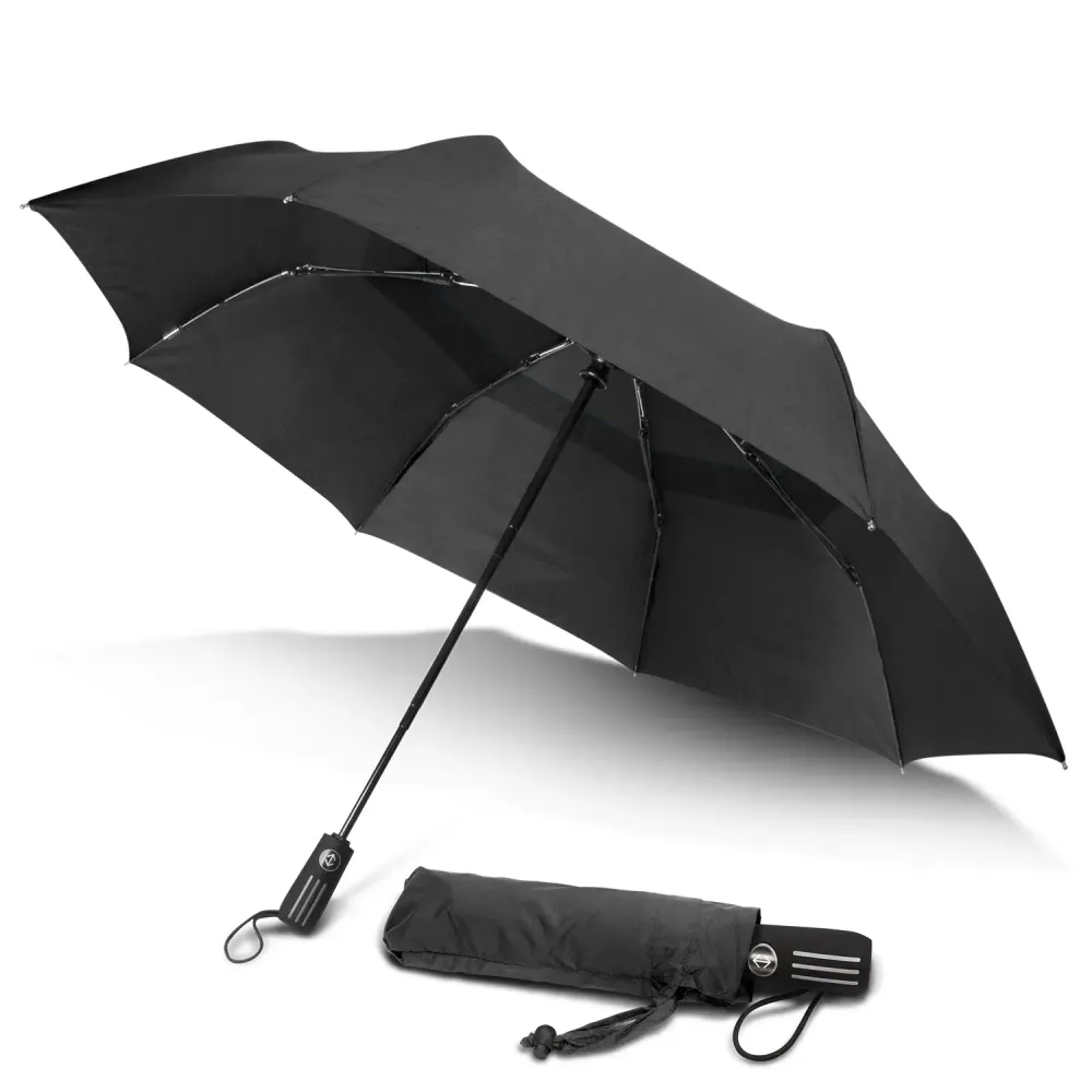 Director umbrella in black, open underside view with matching sleeve