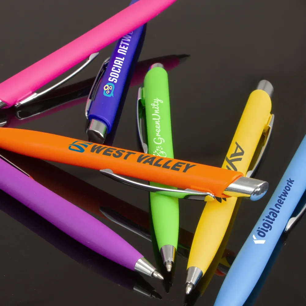 Javalin plastic ballpoint pens with pad printed logo branding across a range of colours.