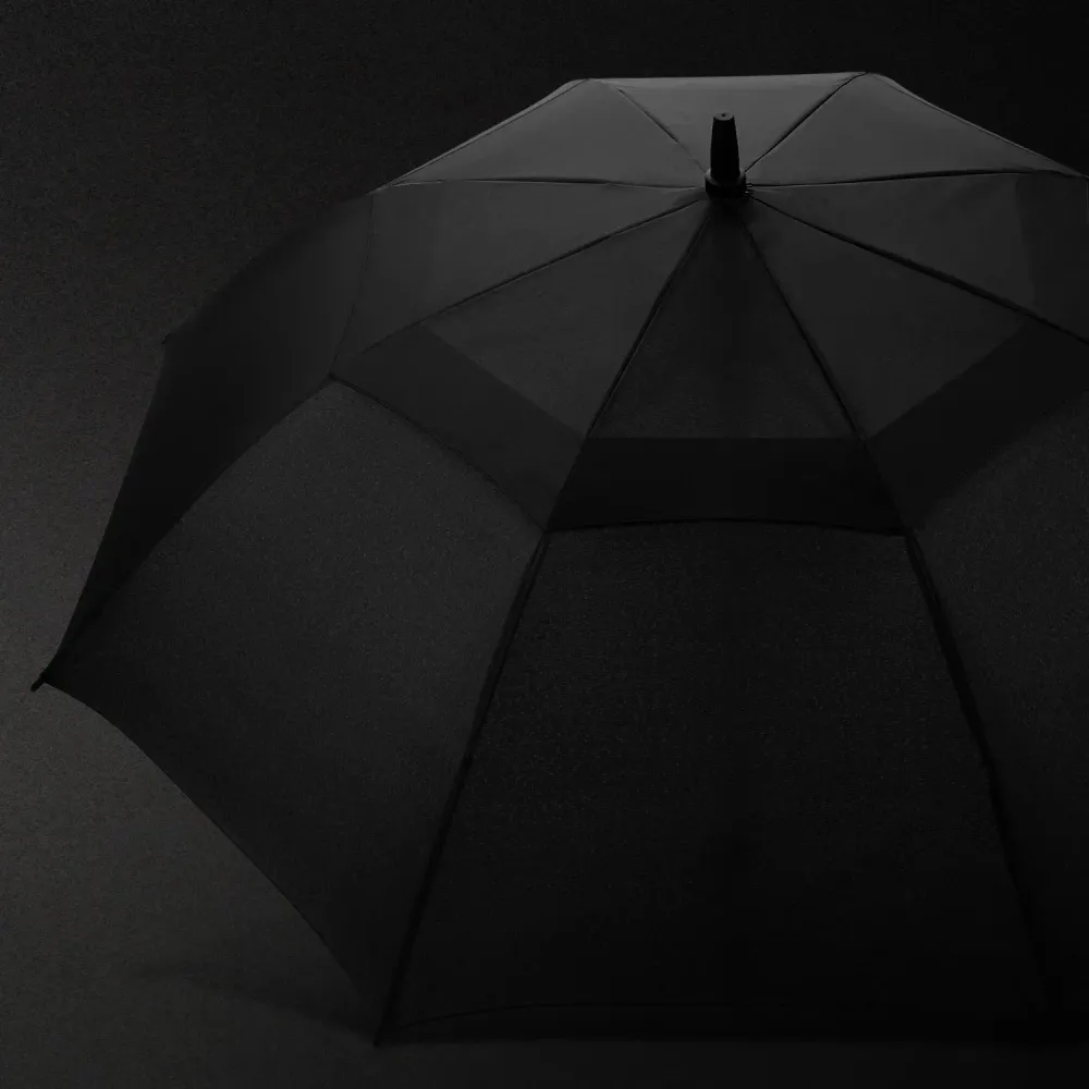 Swiss Peak Tornado 58cm Umbrella feature image showing black vented canopy against dark background