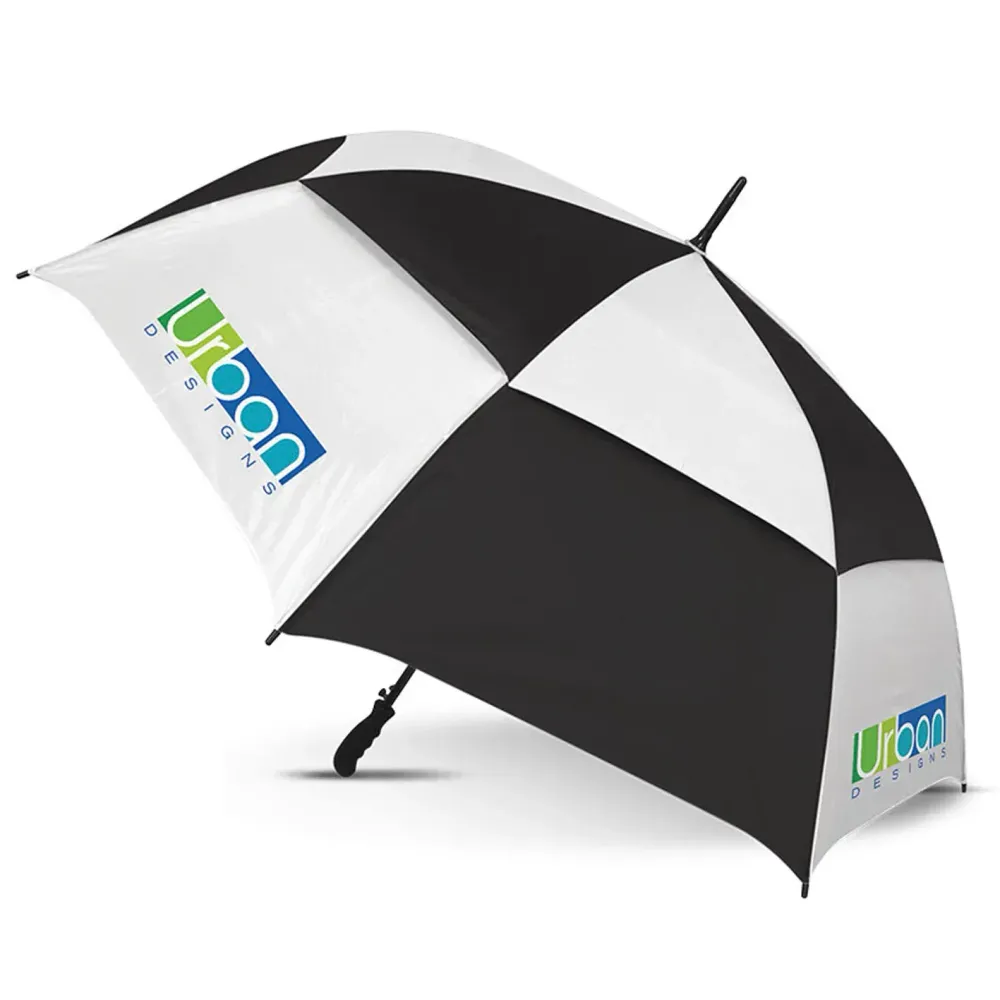 Trident Sports Umbrella in black and white with Urban Designs logo printed on two panels