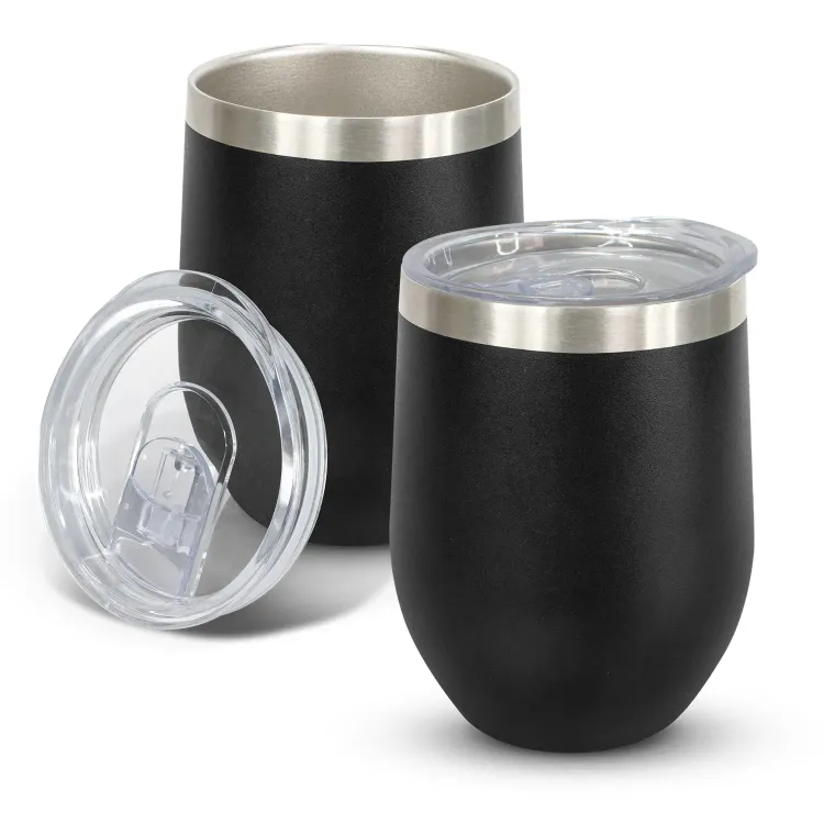 Cordia Vacuum Cup in black powder-coated finish with clear push-on lid shown open and closed.