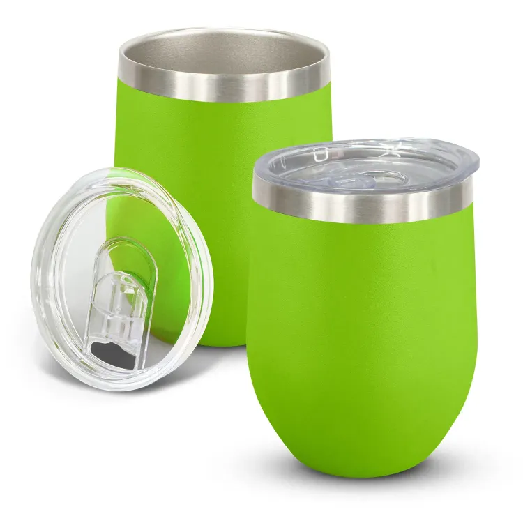 Cordia Vacuum Cup in bright green powder-coated finish with clear push-on lid shown open and closed.