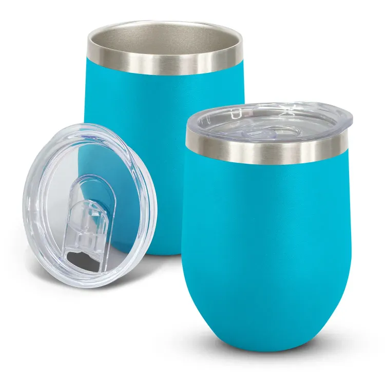 Cordia Vacuum Cup in light blue powder-coated finish with clear push-on lid shown open and closed.