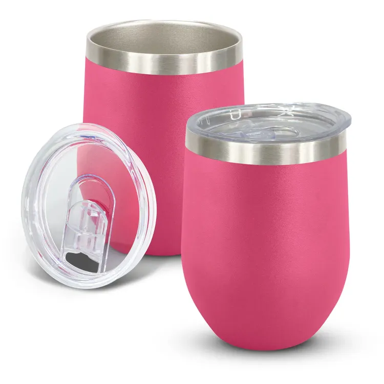Cordia Vacuum Cup in pink powder-coated finish with clear push-on lid shown open and closed.
