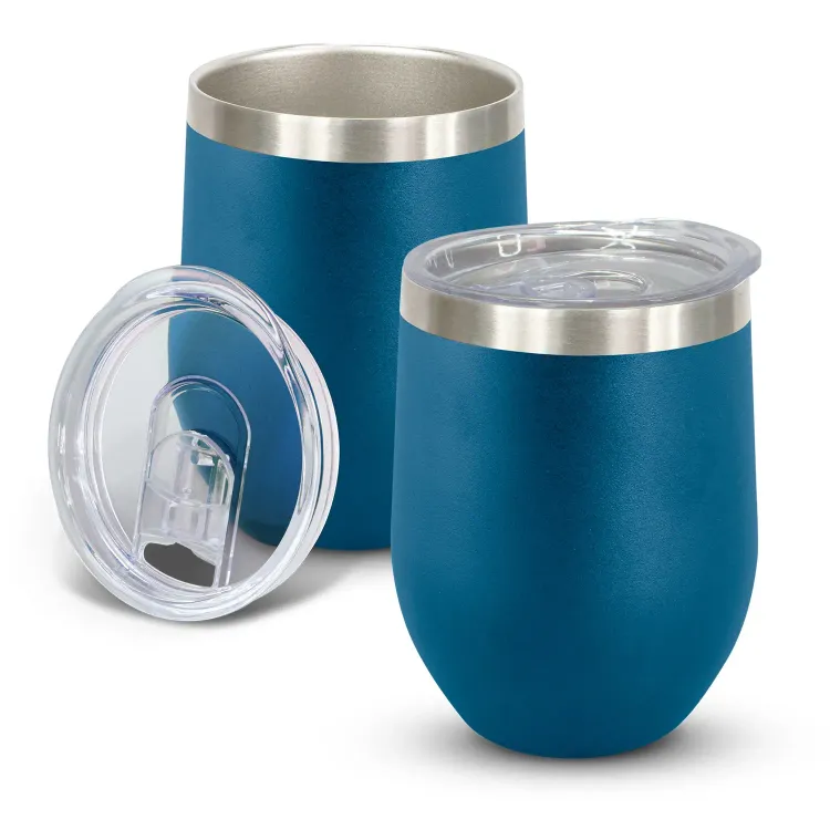 Cordia Vacuum Cup in royal blue powder-coated finish with clear push-on lid shown open and closed.