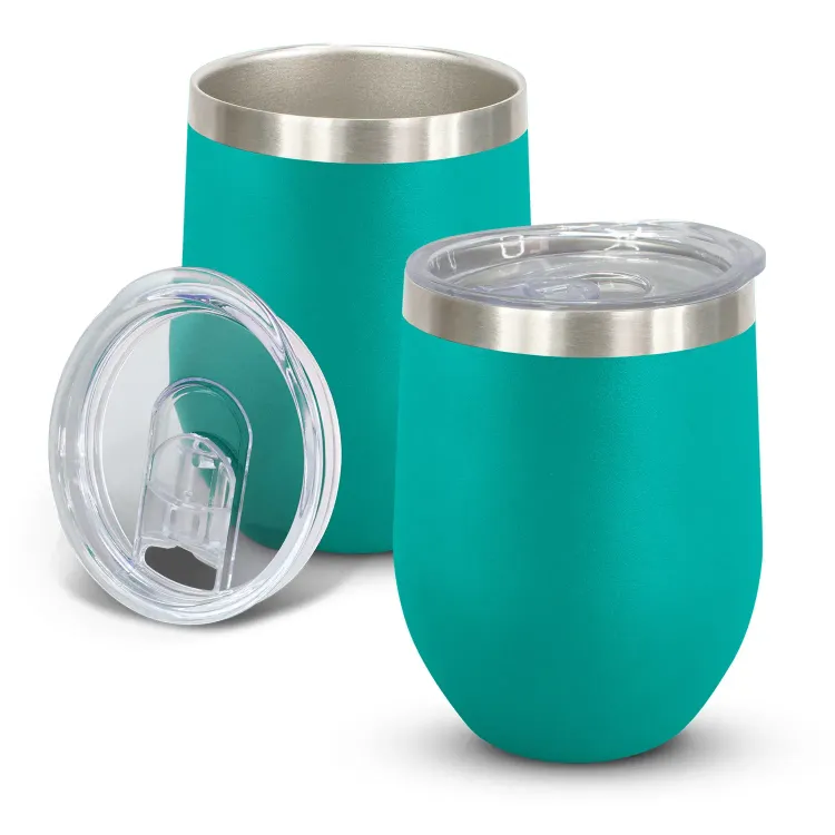 Cordia Vacuum Cup in teal powder-coated finish with clear push-on lid shown open and closed.