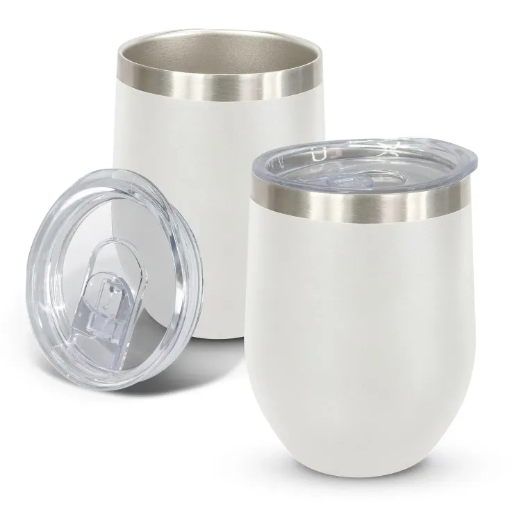 Cordia Vacuum Cup in white powder-coated finish with clear push-on lid shown open and closed.