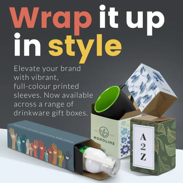 Drinkware gift boxes with vibrant full-colour printed sleeves