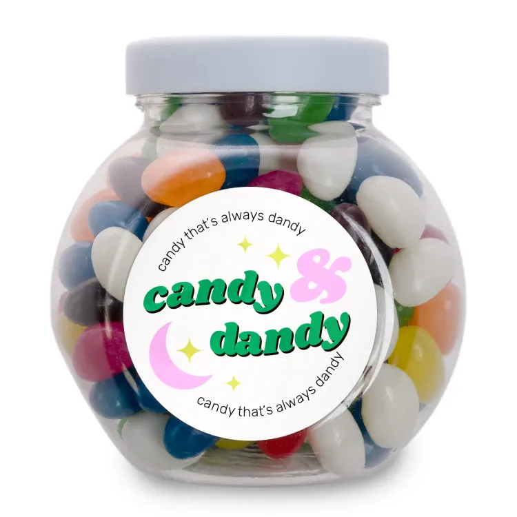 Assorted Colour Mini Jelly Beans in Container - Label Side