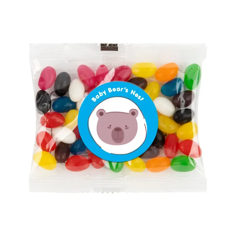 Assorted Colour Mini Jelly Beans in 50 Gram Cello Bag - Digital Label 45mm Diameter