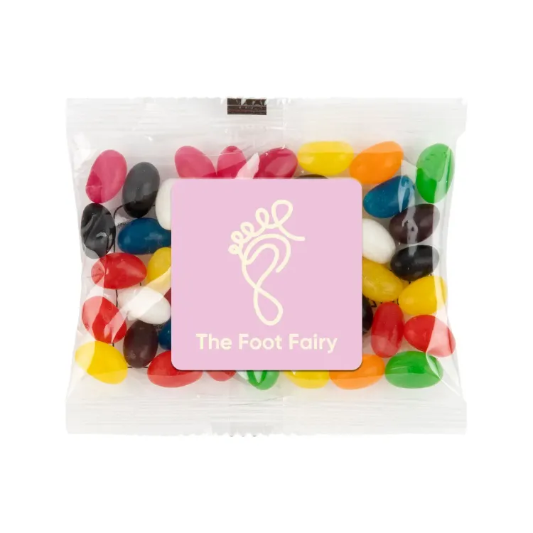 Assorted Colour Mini Jelly Beans in 50 Gram Cello Bag - Digital Label 50 x 50mm