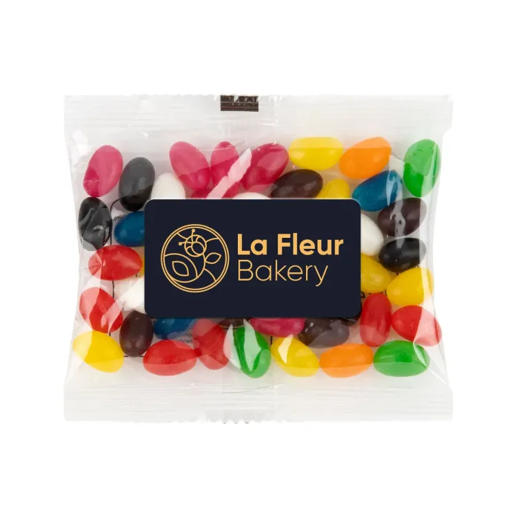 Assorted Colour Mini Jelly Beans in 50 Gram Cello Bag - Digital Label 55 x 30mm