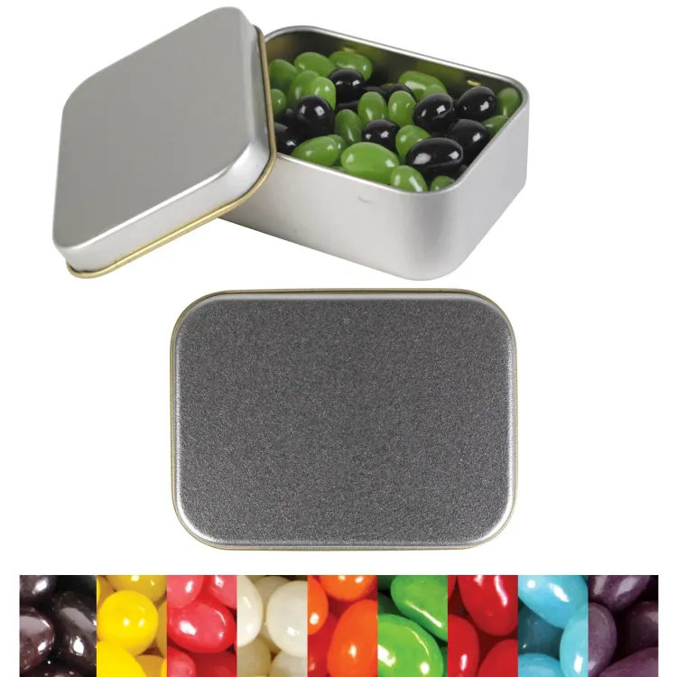 Corporate Colour Mini Jelly Beans in Silver Rectangular Tin - Silver/Corporate Colour