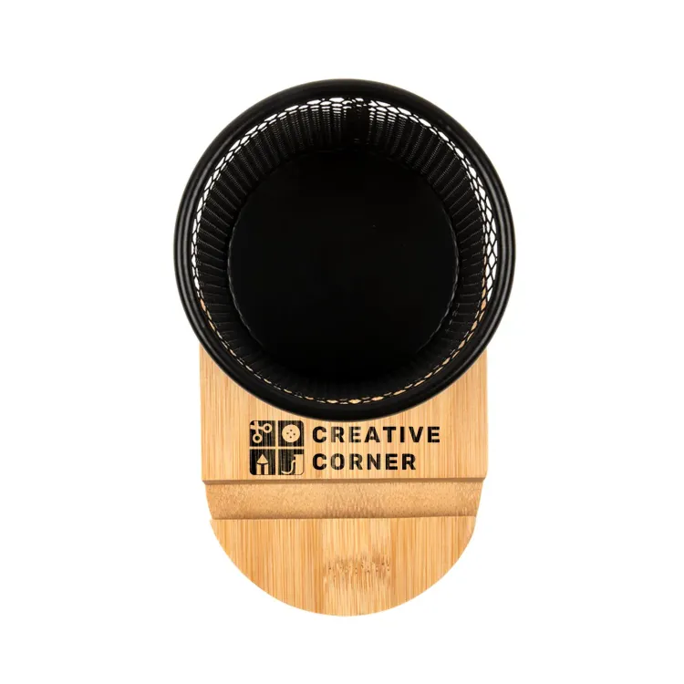 Bamboo Pen Tidy Phone Stand - Pad Print on Back of Phone Stand