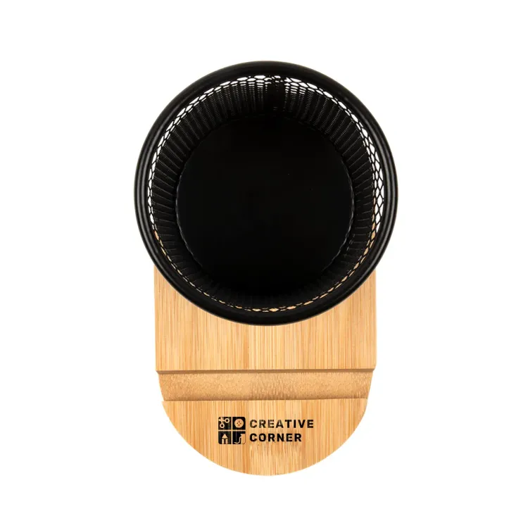 Bamboo Pen Tidy Phone Stand - Pad Print on Front of Phone Stand