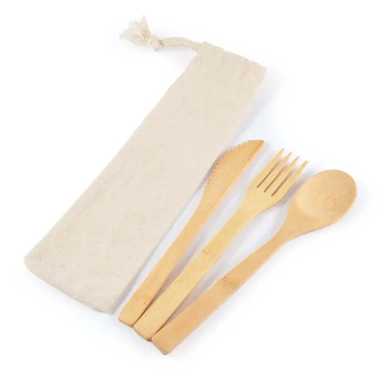 Miso Bamboo Cutlery Set in Calico Pouch - Blank Angle