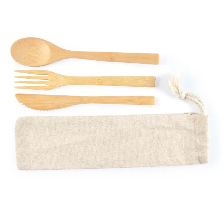 Miso Bamboo Cutlery Set in Calico Pouch - Natural