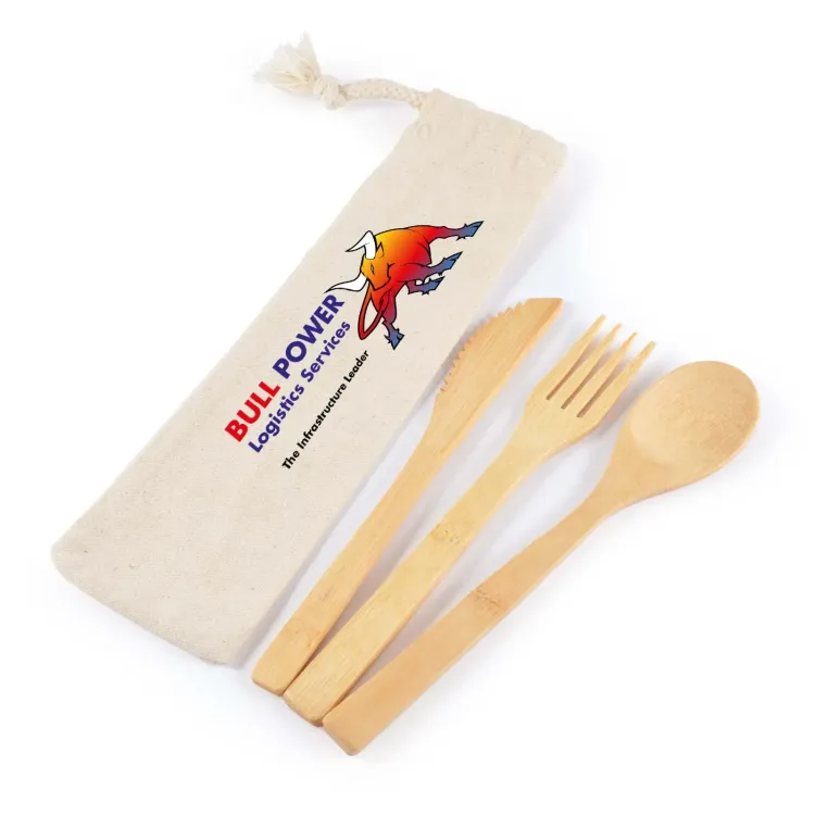 Miso Bamboo Cutlery Set in Calico Pouch - Miso Bamboo Cutlery Set in Calico Pouch