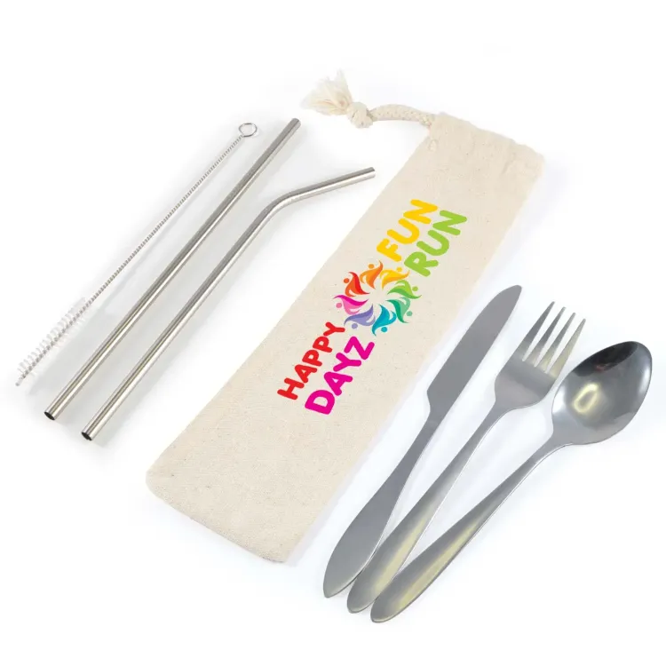 Banquet Stainless Steel Cutlery & Straw Set in Calico Pouch - Banquet Stainless Steel Cutlery & Straw Set in Calico Pouch