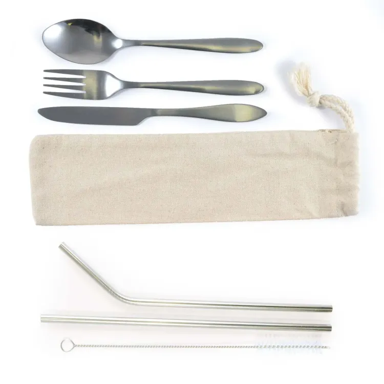 Banquet Stainless Steel Cutlery & Straw Set in Calico Pouch - Above