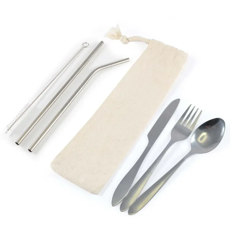 Banquet Stainless Steel Cutlery & Straw Set in Calico Pouch - Natural