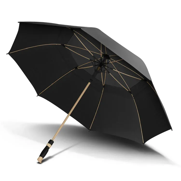 Adventura Sports umbrella in black, open underside view with wooden-look fibreglass shaft and ribs visible.