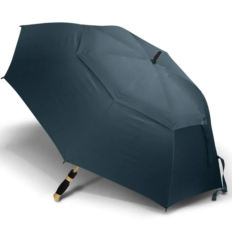 Adventura Sports umbrella in navy, open profile view with wooden-look fibreglass handle and canopy tie strap visible.