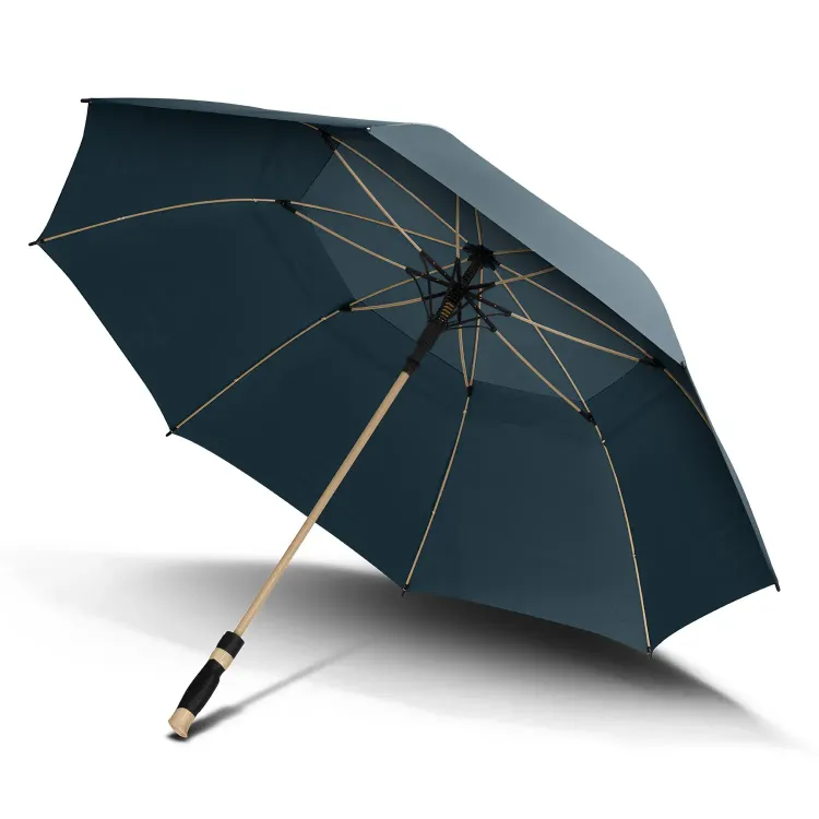 A little. Use this tighter ALT:  Navy Adventura Sports umbrella, open three-quarter view with wooden-look fibreglass shaft and frame on white background.