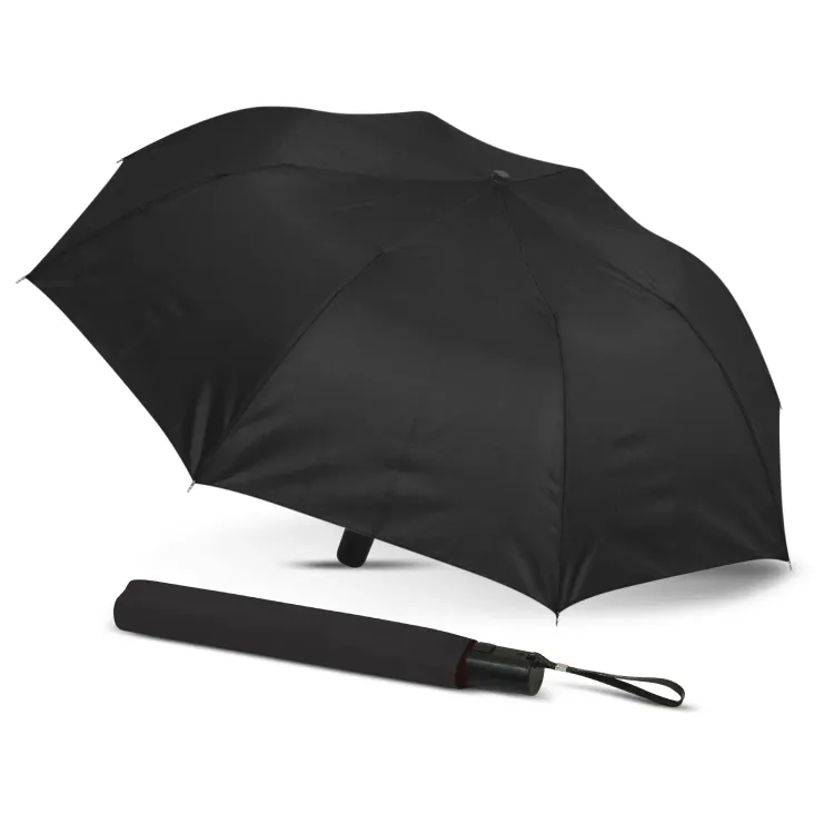 Avon Compact umbrella in black, open profile view with matching sleeve