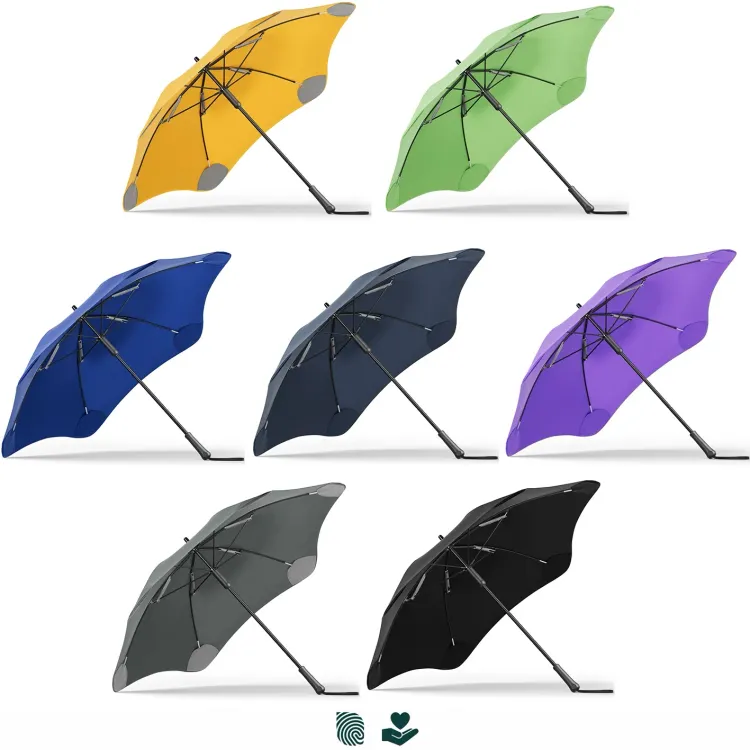 Line-up of BLUNT Classic umbrellas in assorted colours including citrus yellow, mango orange, meadow green, forest green, red, sky blue, ocean blue, midnight navy, purple, storm grey, and ink black