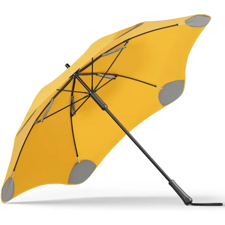 Underside view of BLUNT Classic umbrella in citrus yellow showing frame structure