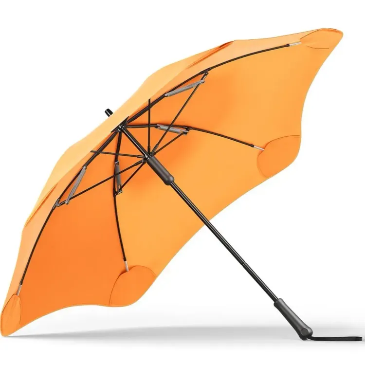 Underside view of BLUNT Classic umbrella in mango orange showing frame structure