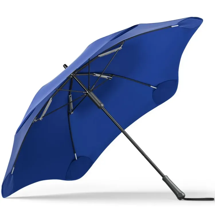 Underside view of BLUNT Classic umbrella in ocean blue showing frame structure