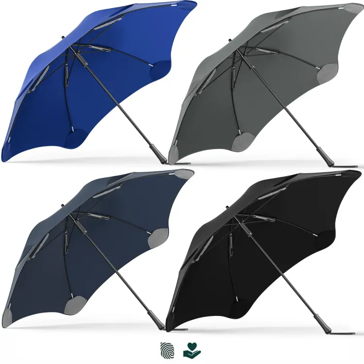 Line-up of BLUNT Exec umbrellas in ocean blue, midnight navy, storm grey, and ink black with Impact Aware icons shown below