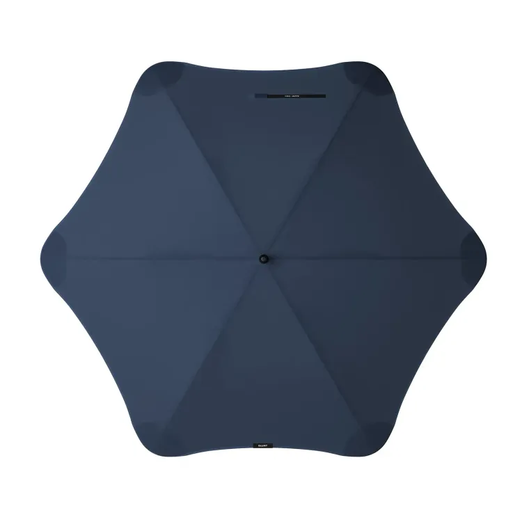 Top view of BLUNT Exec umbrella in midnight navy showing six-panel canopy