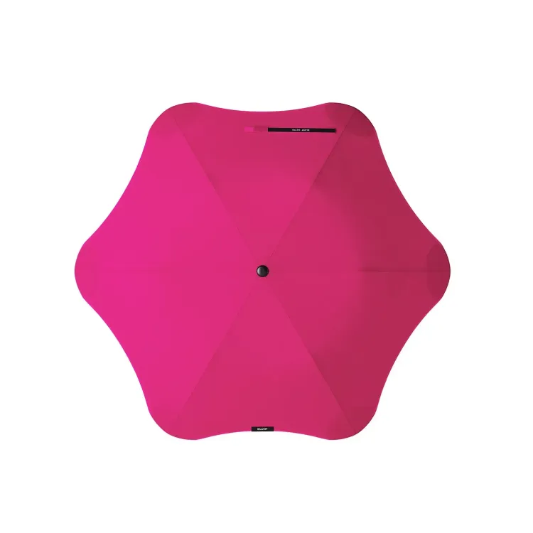 Top-down view of BLUNT Metro Umbrella in pink showing six-panel canopy and black centre tip