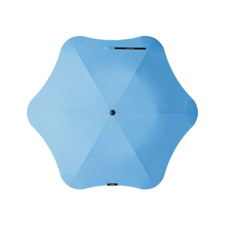 Top view of BLUNT Metro Umbrella in sky blue with six-panel canopy and black centre tip