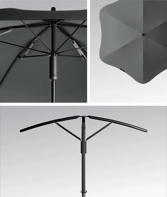 Close-up composite image showing BLUNT Metro UV umbrella frame, ribs and canopy structure