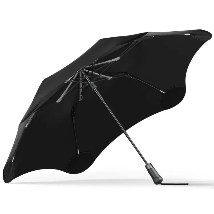 Underside angled view of black BLUNT Metro UV umbrella showing reinforced frame and curved canopy