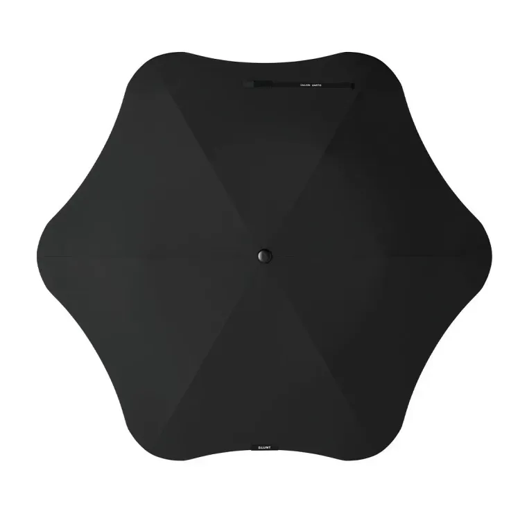Top-view black BLUNT Metro UV umbrella showing six-panel canopy and aerodynamic shape