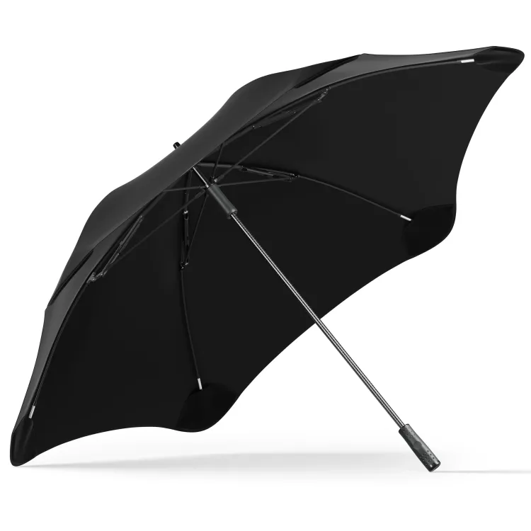 Underside view of black BLUNT Sport umbrella showing internal frame structure and curved canopy