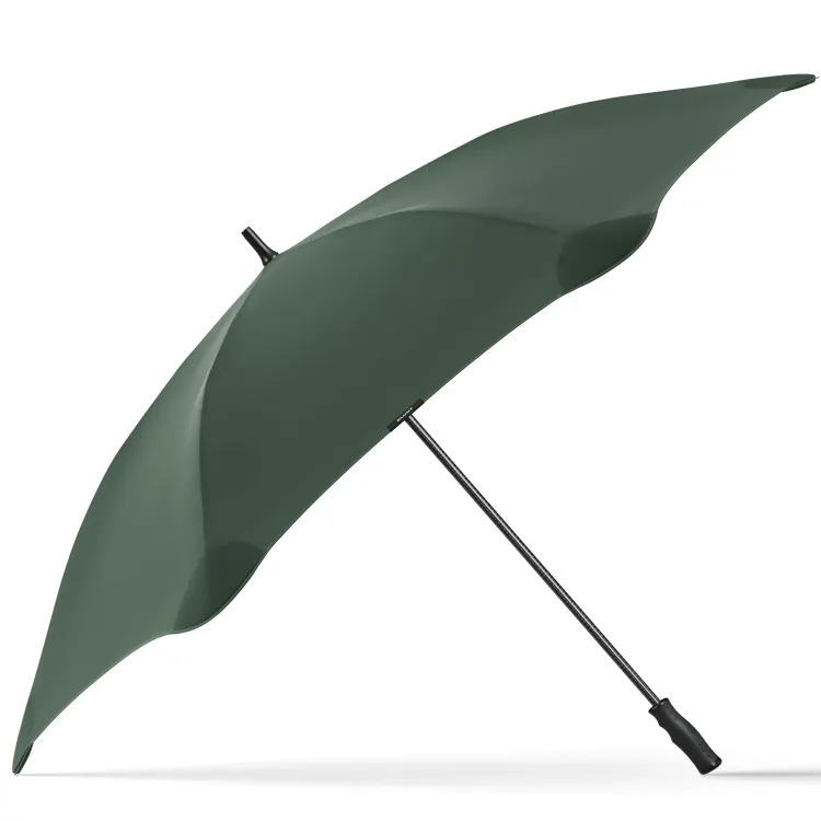 Side view of forest green BLUNT Sport umbrella showing curved canopy and straight black handle