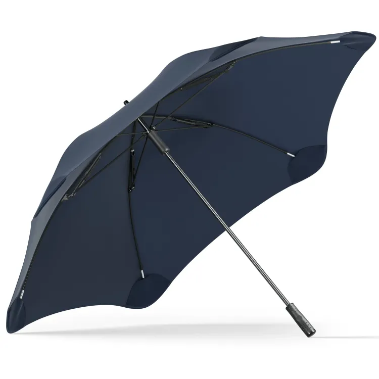 Underside view of navy BLUNT Sport umbrella showing reinforced frame structure and curved canopy